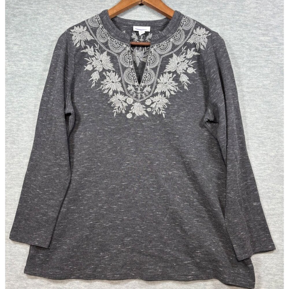 J Jill Gray Embroidered Floral Top Split Neck‎ Petite M Long Sleeve Casual